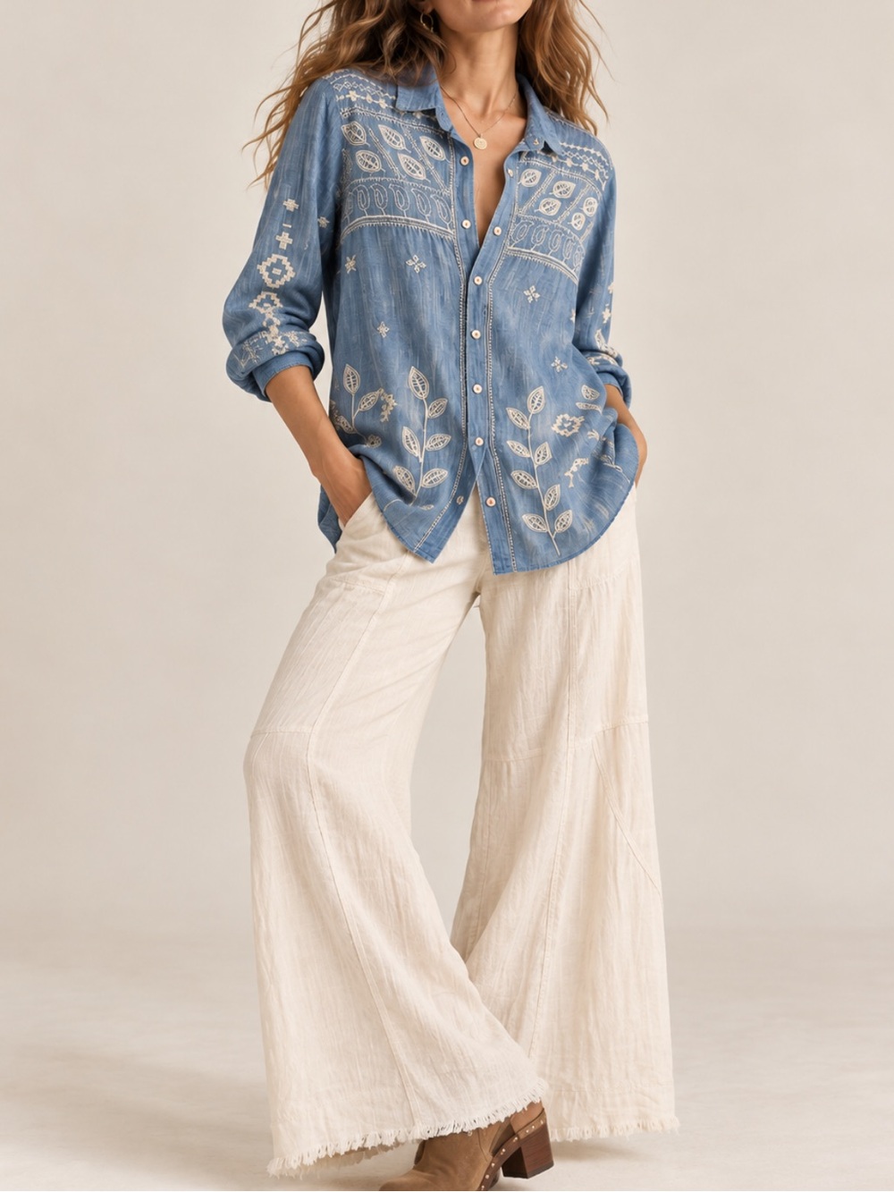 Johnny Was 3J Workshop Embroidered Blue Cotton Button Down Shirt